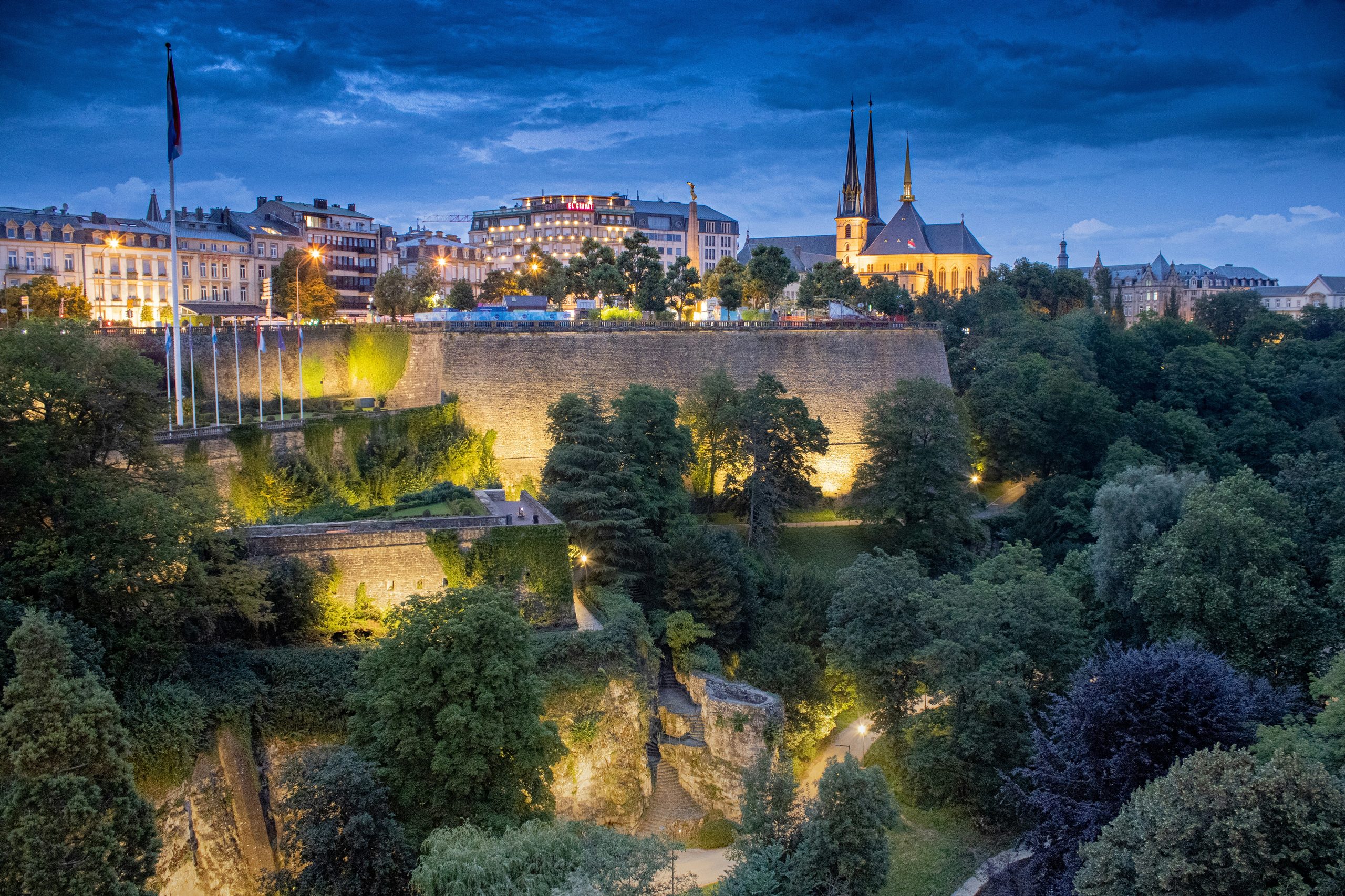 The Ville Haute and the city ramparts at blue hour, Luxembourg City